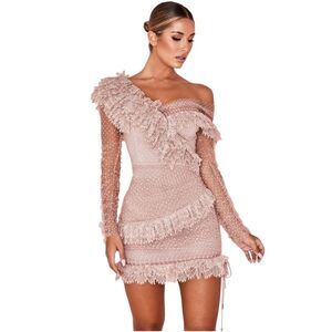 knee length dresses for ladies Right Moment Lace Overlay Frill Mini Dress White Selfie Leslie